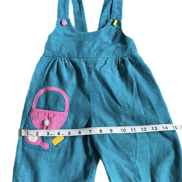 Vintage 80s Ruth Scharf Corduroy Jumpsuit Girls 4T Turquoise Appliques Made USA - Picture 4 of 9
